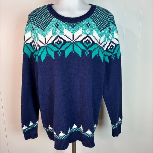 Lands' End Sweaters - Lands' End Sweater Large Navy Blue Fair Isle Crew Neck Pullover Cotton Blend